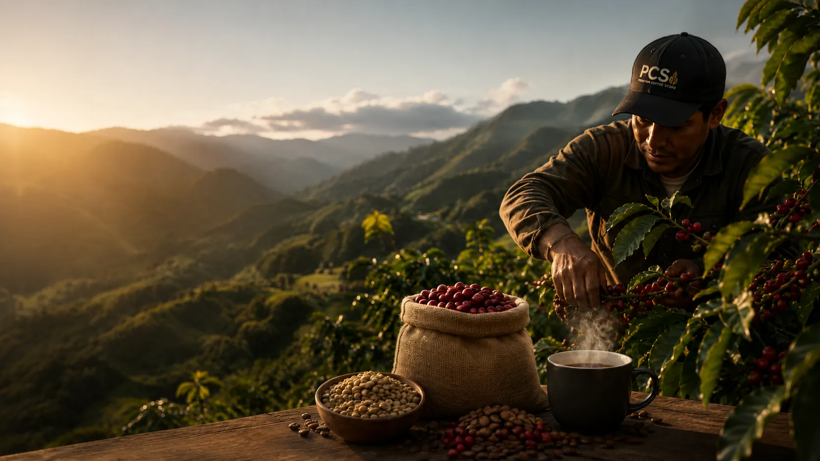 Productor de café peruano trabajando en paisaje andino